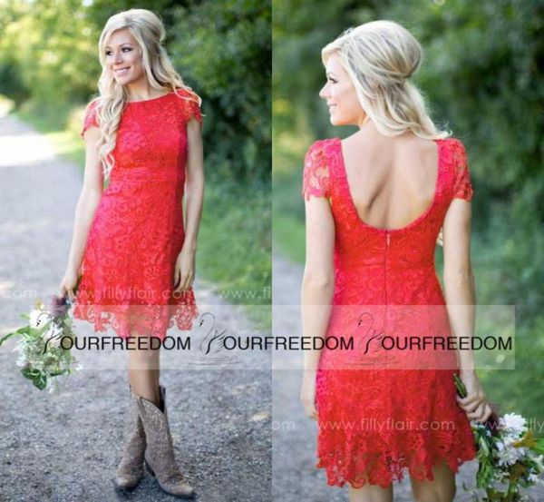 red full lace short bridesmaid dresses western country style crew neck cap sleeves mini backless homecoming cocktail dresses3609528, White;pink